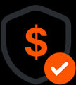 Icon of a shield containing an orange dollar sign, complete with an orange checkmark badge in the corner