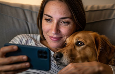 Woman with Dog watching tv on phone
