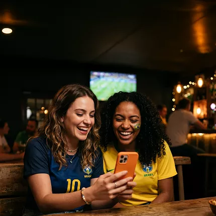 Friends laughing looking at a phone