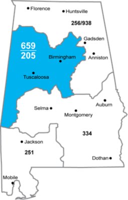 Outline map of Alabama with the approved area code overlay. Each city is labeled with their name, area code, and outlined. The are code is in bold white. Tuscaloosa and Birmingham are outlined, filled in blue, with the cities labeled in black.