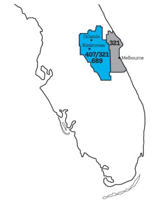Outline map of Central Florida for the approved area code overlay. Kissimmee and Orlando are section off in blue with an area code labeled in black. Melbourne is section off in grey and had the area code labeled in black.