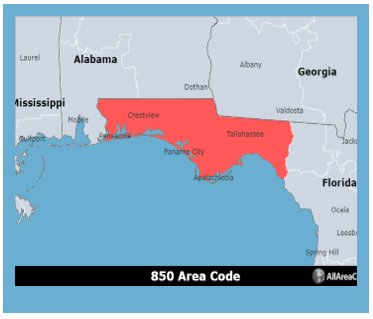 A blue border picture of a pale blue map of Florida with the approved area code overlay. The area around Panama City is red.The map has the  the cities listed that have the approved area codes. In a bold black bar at the bottom of the map, the area code is listed.
