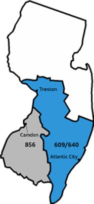 Outline of New Jersey for the approved area code overlay. Trenton to Atlantic city are outlined ,filled with blue, and have the area code labeled in black.  Camden is outlined, filled in with grey, and has the are code labeled in black.