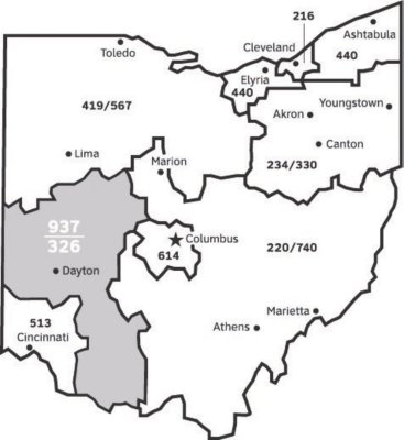 An outlined map of Ohio for the approved area code overlay. The cities are listed on the map with there area code. Dayton are is grey and has the area coded bolded in white. 