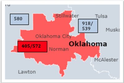 A pale blue and red map of Oklahoma with the new area code overlay. The map is labeling the cities and has two pale blue boxes labeling the affected area codes. One box is in red with an affected area code.