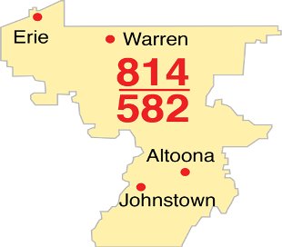 A pale yellow map of Pennsylvania  with the new area code overlay. There are red spots are labeling the cities that have the new area codes. In bold red, the area codes are listed. 