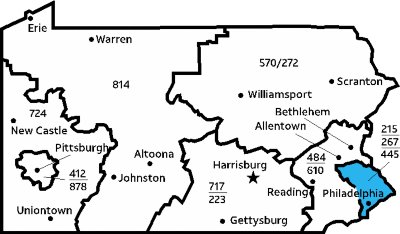 Outline of Pennsylvania for the approved area code overlay. Philadelphia is outlined , filled with blue, and have the area code labeled in black. The other cities are outlined and have their corresponding area codes labeled in black. 