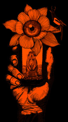 Hand holding phone with flower and bird around it