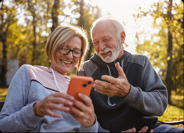 Couple smiling looking at their phone together