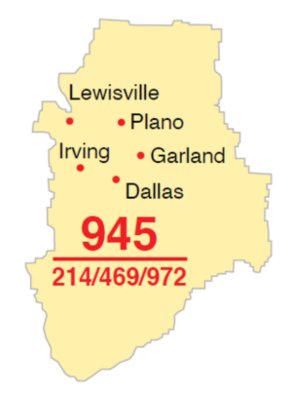 A pale yellow map of Texas with the new area code overlay. There are red spots are labeling the cities that have the new area codes. In bold red, the area codes are listed. 