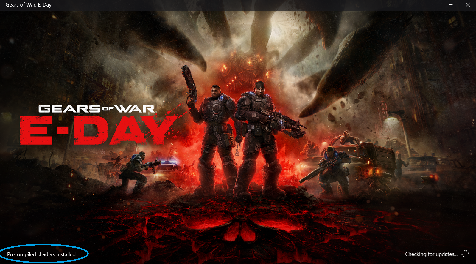 Gears of War: E-Day loading screen showing "Precompiled shaders installed".
