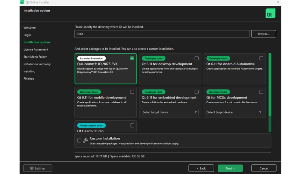 Qt Online Installer with the Dragonwing IQ-9075 EVK package selected under Extended Evaluation. Developers can install the QBSP from the same tool they already use for Qt. 