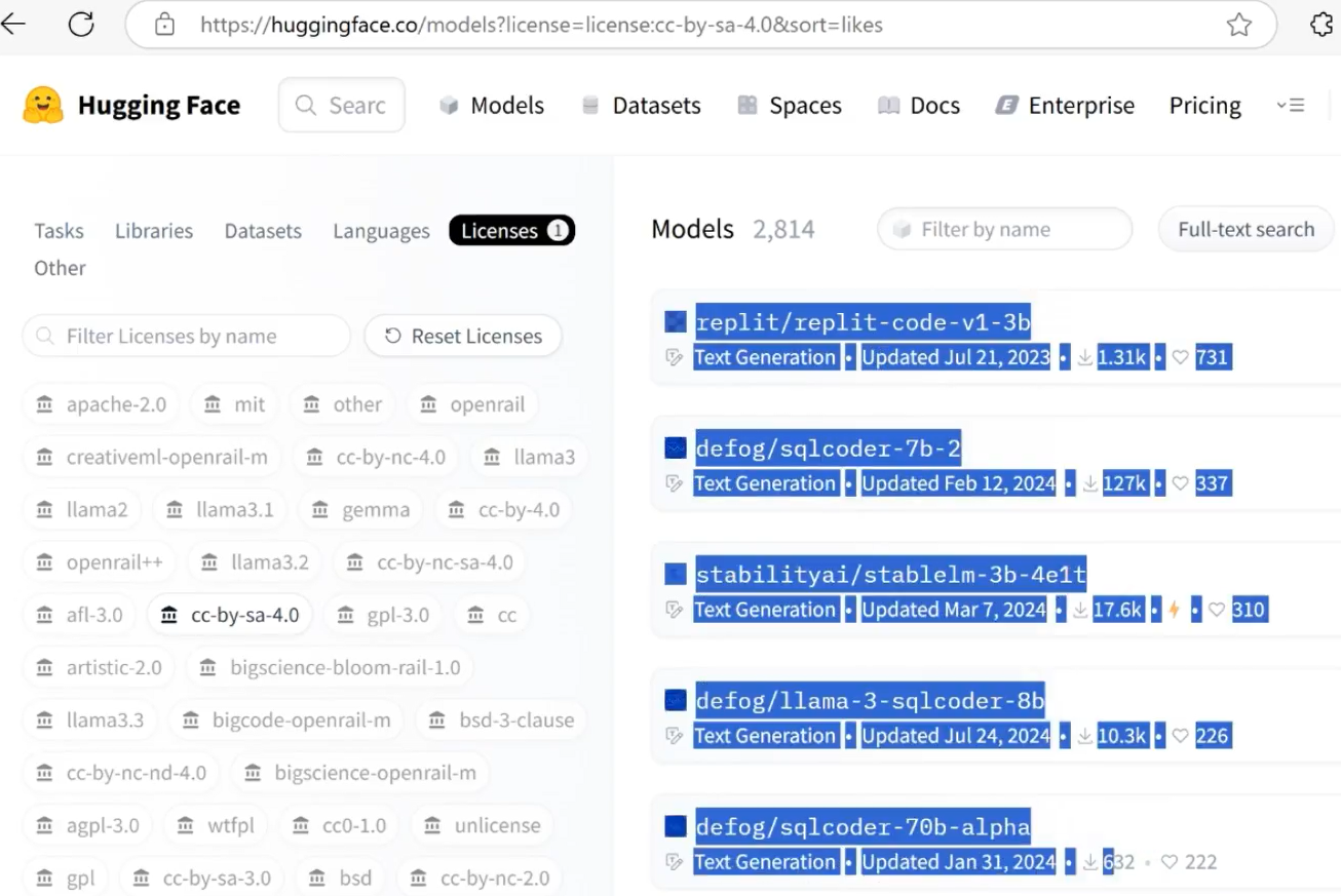 Selecting model names in Hugging Face