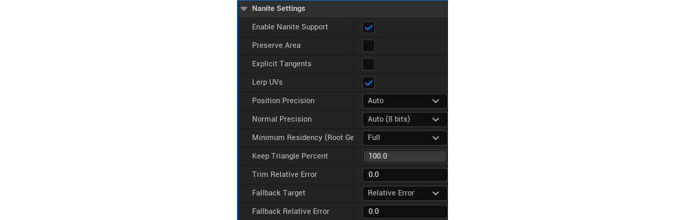 Figure 22: Nanite settings for LOD choice