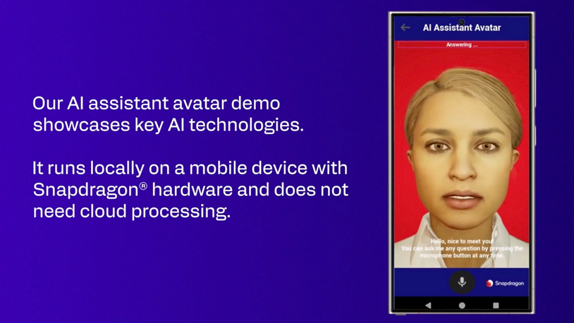 The on-device AI assistant uses an audio-driven 3D avatar (more information below).