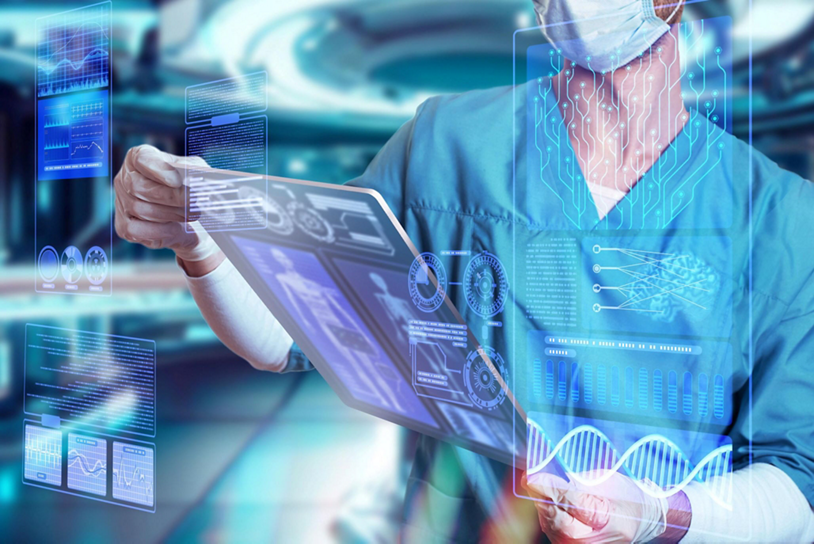 A medical professional uses artificial intelligence to assess patient information.