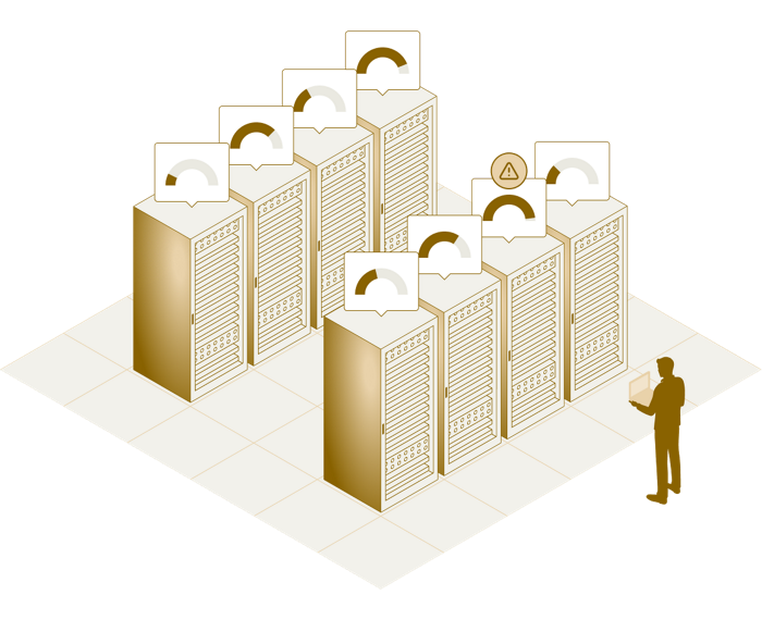 Illustration of a data center, showing a person on a laptop monitoring the status of each server rack.