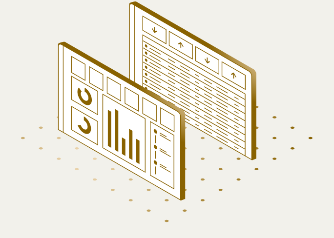 Illustration of UI dashboards for monitoring data centers.