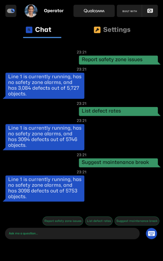 Figure 1. Chat panel for Factory Management - the on-device LLM responds in real time to operator queries, grounded in live factory telemetry. Suggested actions are shown on the right as one-tap shortcuts. 