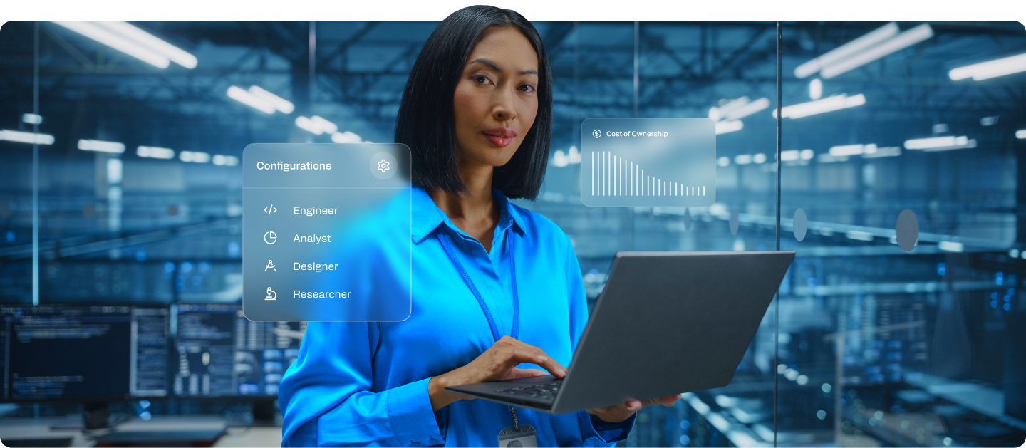 Confident IT professional using a laptop in a data center with digital overlays featuring reduced cost of ownership and efficient deployment capabilities.