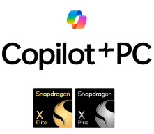 Microsoft Copilot+ PC logo combined with Snapdragon X Elite and Snapdragon X Plus logos: the only products that can run Copilot+