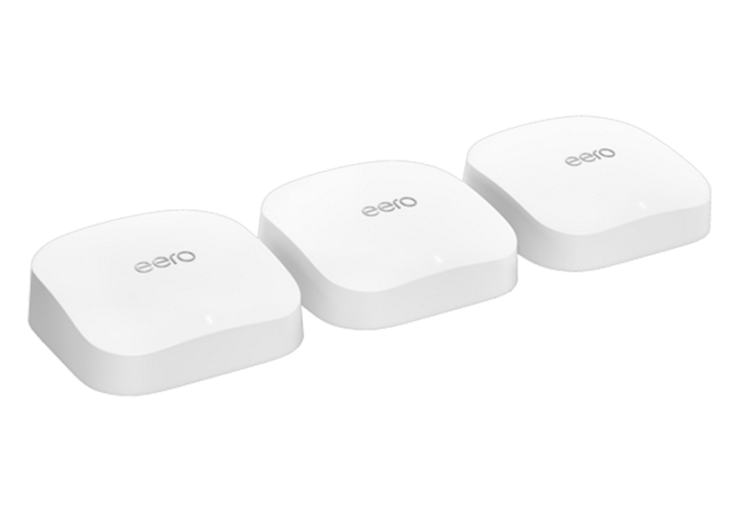 Three white Eero Pro 6E devices.