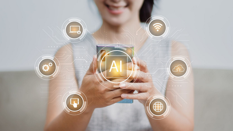 A girl holds her smartphone that houses generative AI processing on device, instead of the cloud.