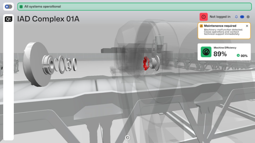 Figure 2. Maintenance-required alert — the digital twin shows an exploded view of the faulty robot joint, with the damaged inner gear highlighted in red. 