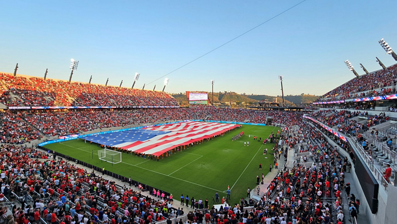 The American flag is shown at Snapdragon Stadium in San Diego for Manchester United Summer Tour 23.