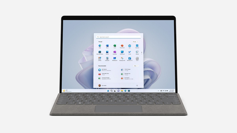 Microsoft Surface Pro 9 5G in standing position with keyboard.