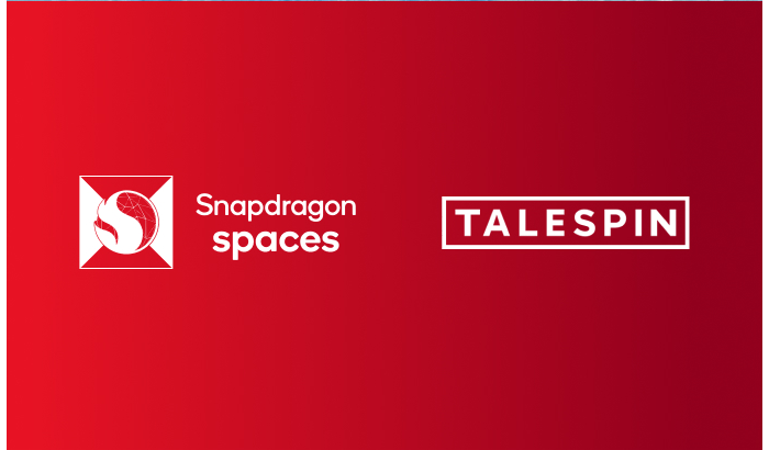 The logos for Snapdragon Spaces (left) and Talespin (right) each appear in white, backdropped by a blended red background. The red is lighter on the left side of the image and darker on the right. 
