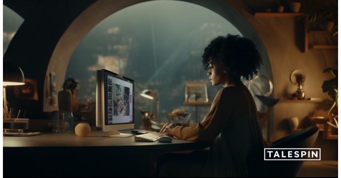 An illustration of a woman sitting at a computer in a futuristic room. She is using Talespin’s mobility and corporate experience platform. She is backdropped by a large circular window. It is dark outside, and there is a  vague suggestion of skyscrapers lit against the sky. 