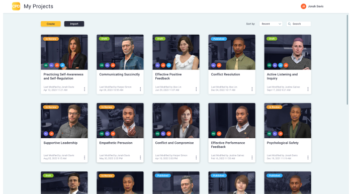 An image of Talespins user interface. The screen depicts a series of different modules, each populated with the face of a human-like avatar teacher, as well as brief descriptions of the coursework. 