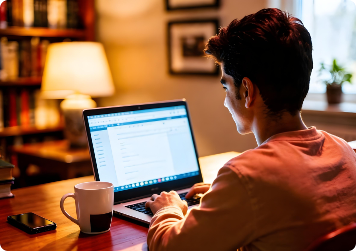 Person working on a laptop at a desk in a study environment.