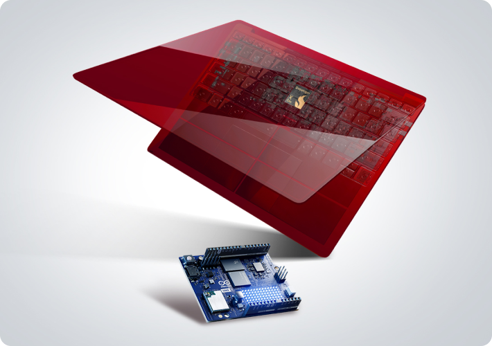 Laptop with transparent overlay connected to a development board.