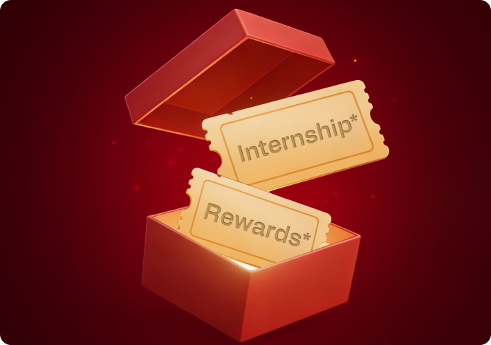 Illustration of two tickets labeled “Internship” and "Rewards" emerging from a box.
