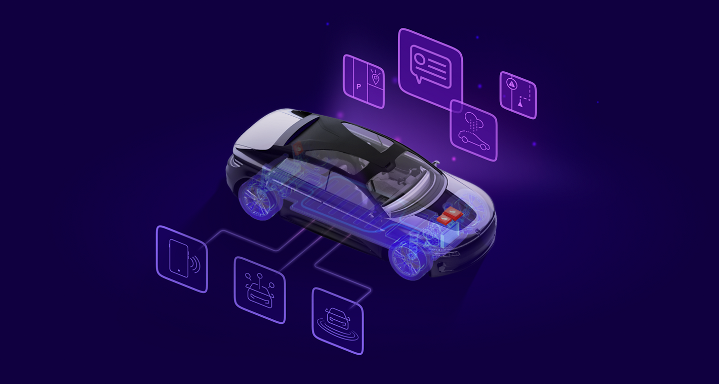 A diagram representing how vehicles use compound AI to take in information from the environment and turn it into personalized experiences