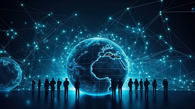 Silhouettes of humans gather around a globe illuminated by AI.