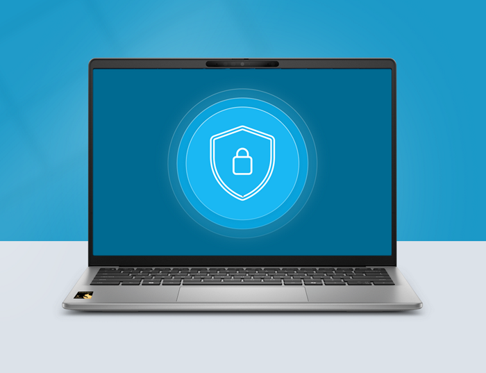 Laptop with a shield and lock icon on screen representing strong data security and protection.