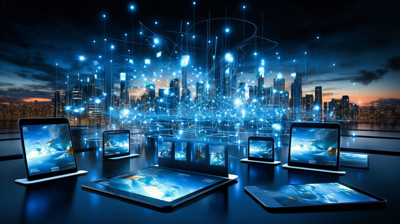A swirling galaxy of mobile devices and PCs with generative AI running on device.