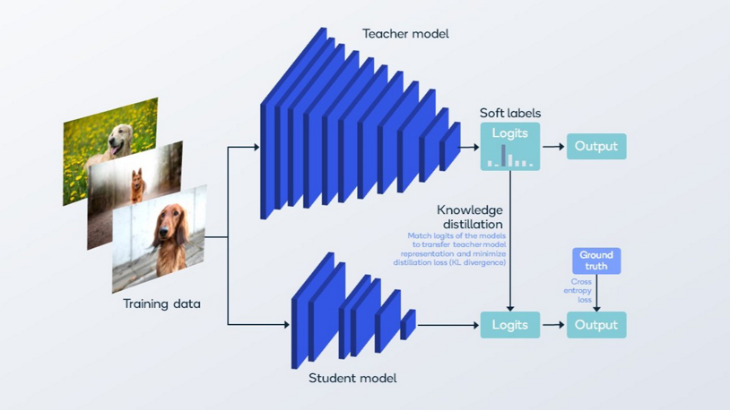 A chart illustrating how the knowledge distillation transfer learning method makes AI models more efficient.
