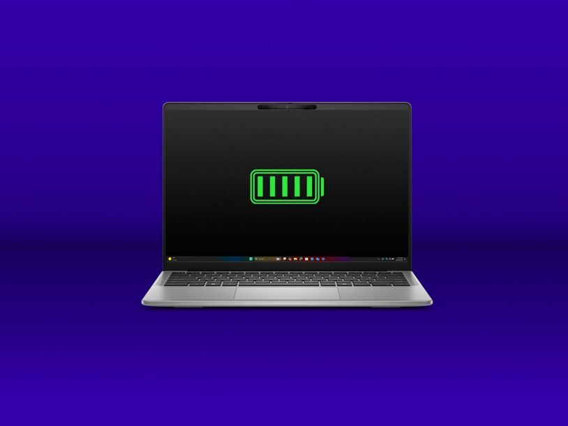 An image of a sleek, modern laptop with a battery icon showing a full charge.