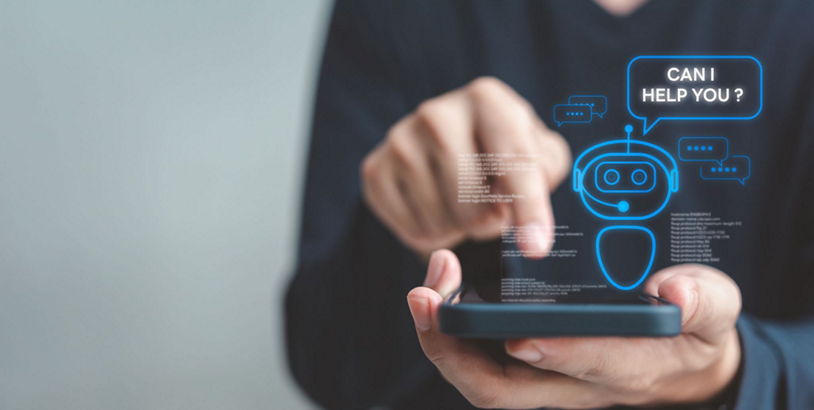 On-device AI represented by an animated robot hovering above a smartphone and asking "Can I help you?"