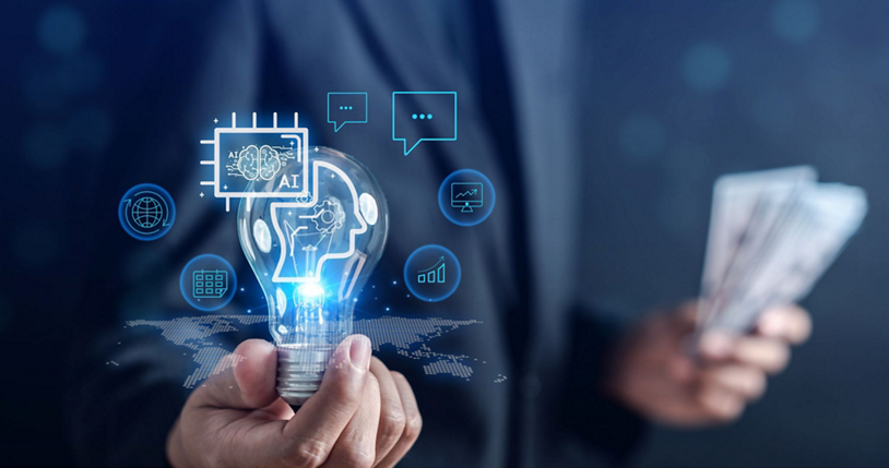 A lightbulb with a human silhouette shows how generative AI will result in economic impact. 