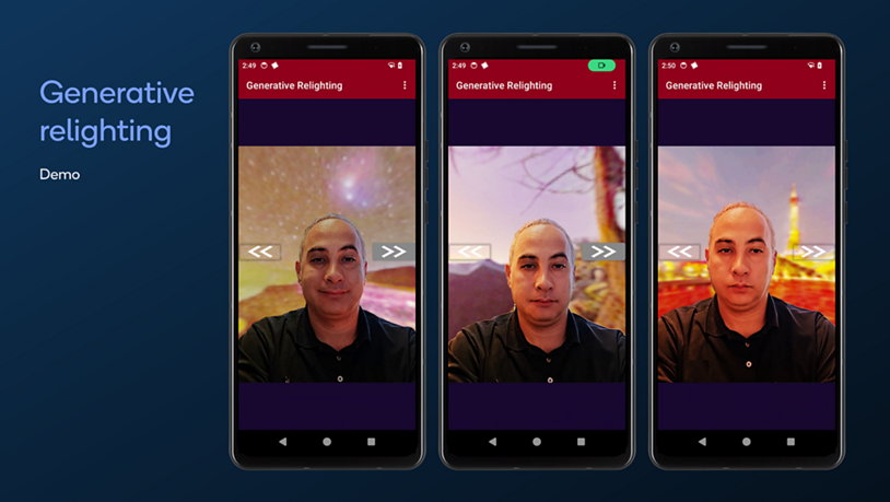 A visual demonstration of generative relighting on a video call.