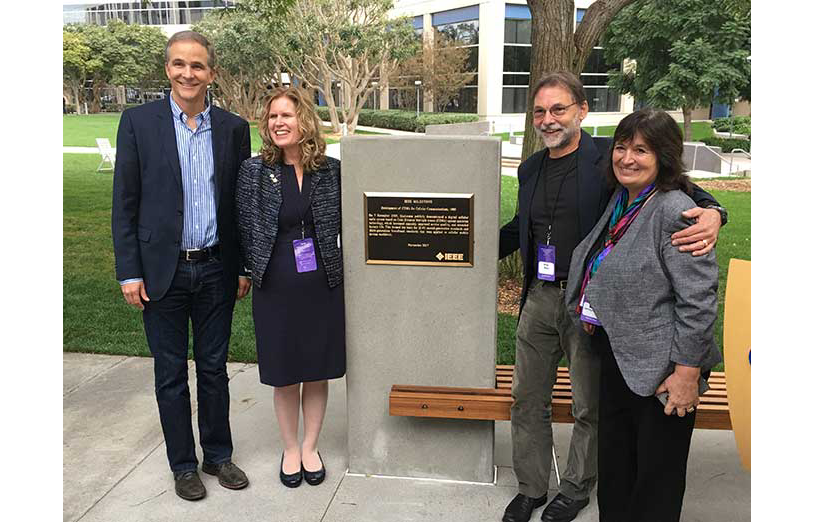 (Left to right) Qualcomm Technologies EVP of Engineering and Chief Technology Officer Dr. Jim Thompson, IEEE Region 6 Director Dr. Kathleen Kramer, IEEE Region 6 Milestone Coordinator Brian Berg, and Qualcomm Senior Staff Engineer Kathy Herring Hayashi.