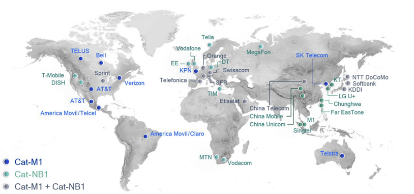 Global deployments of Cat-M1 and Cat-NB1 networks as of January 2018.