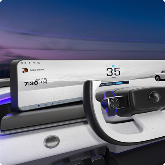 Futuristic car dashboard with wide digital display displaying notifications, in-vehicle services
