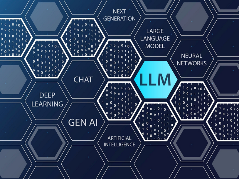 Large language model vector illustration on dark blue background with hexagonal shapes and words.