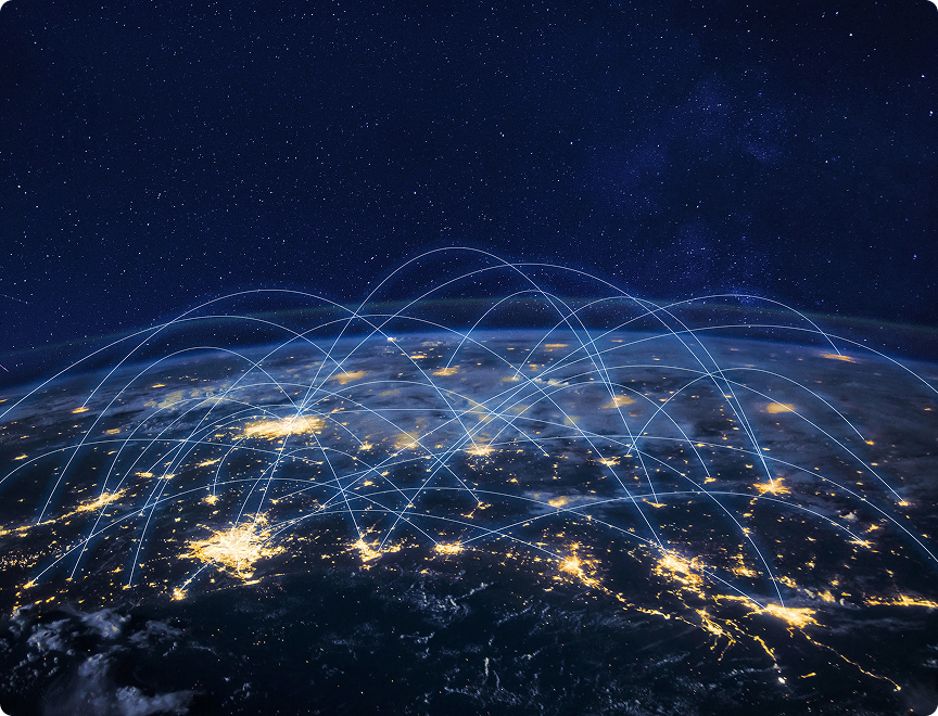View of Earth from space at night showing illuminated cities connected by glowing network lines
